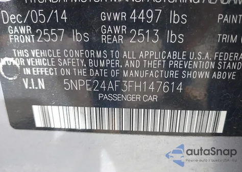 2015 Hyundai Sonata Se z USA, uszkodzony, nr VIN 5NPE24AF3FH147614